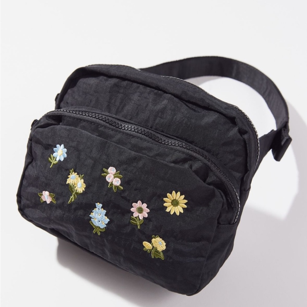 BAGGU Black Crossbody Bag with Floral Embroidery